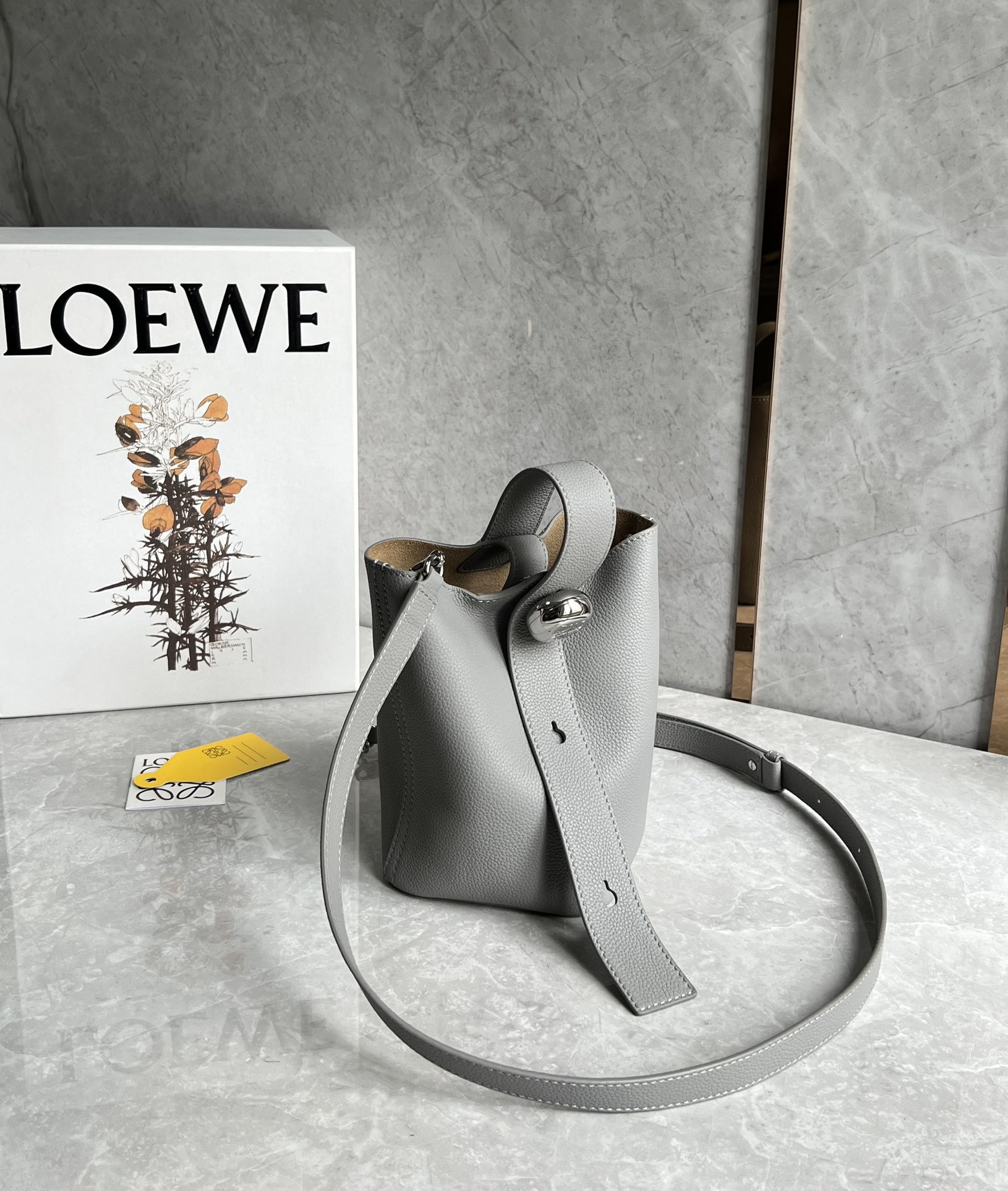 Loewe Mini Pebble Bucket Bag in Soft Grained Calfskin Grey